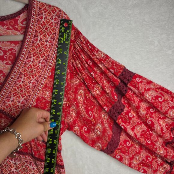Free People XS Luna Scarf Lacey Print Exaggerated BellSleeve Boho Red Mini Dress - Picture 11 of 16